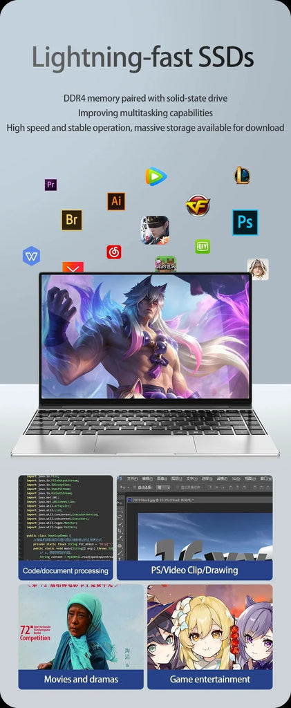 Ultra Slim Laptop 14.1" 16GB RAM 2TB SSD Intel N3700 Gaming PC 1920*1080 Display Office Study Computer PC Windows 11 Pro