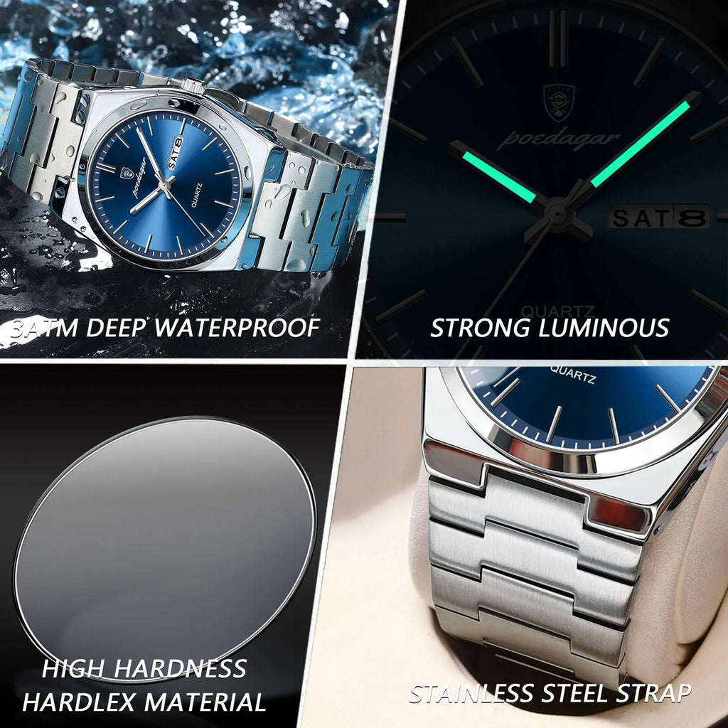 POEDAGAR High Quality Watches For Men Stainless Steel Waterproof Luminous Man Watch Date Week Luxury Business Quartz Men's Watch