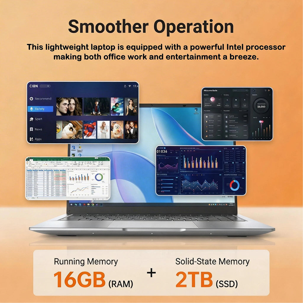 New Ultra Slim 14.1 Inch Laptop Intel 4405U 16GB RAM 2TB SSD 1920*1080 FHD Display Windows 11 Pro Office Study Computer