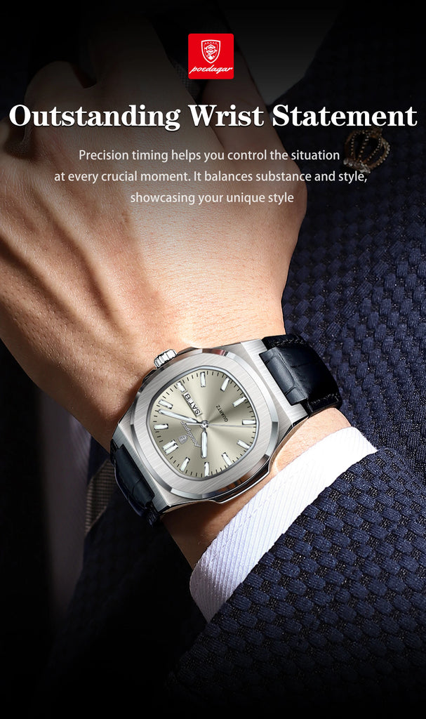 POEDAGAR High Quality Watch For Men Luxury Luminous Waterproof Week Calendar Man Clock Leather Square Men's Quartz Watches Reloj