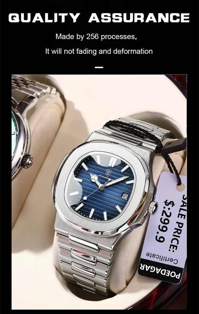 POEDAGAR Luxury Brand Men's Quartz Wristwatch Stainless Steel Waterproof Luminous Date Man Clock Square Business Watches For Men