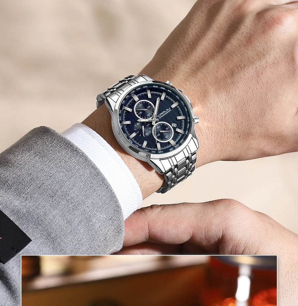 CRRJU Brand Creative Multifunction Male Wristwatch Date Display Stainless steel Men Quartz Watch Waterproof Sports Chronograph