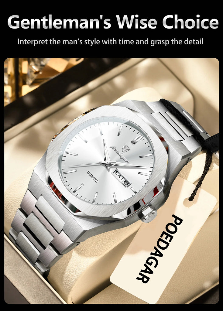 POEDAGAR Fashion Brand Male Wristwatch Waterproof Luminous Stainless Steel Men Clock Date Week Casual Quartz Men's Watches Reloj