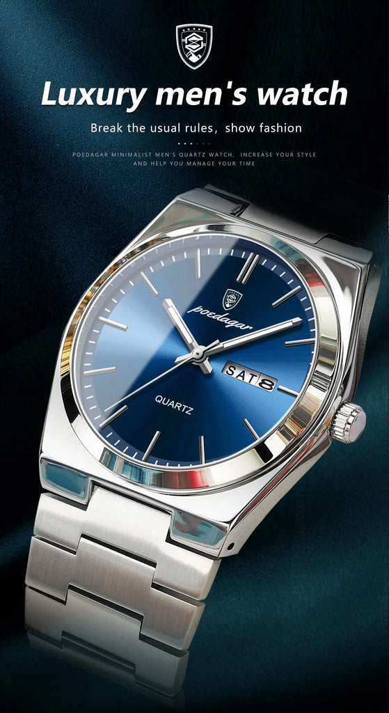POEDAGAR High Quality Watches For Men Stainless Steel Waterproof Luminous Man Watch Date Week Luxury Business Quartz Men's Watch