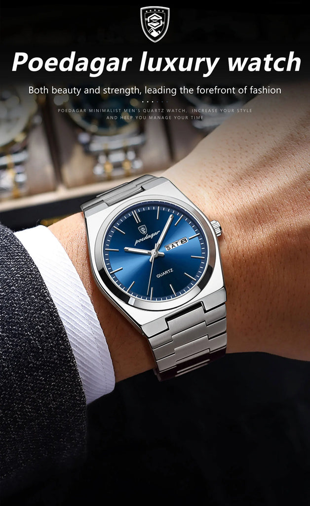 POEDAGAR Luxury Business Watches For Men Date Week Stainless Steel Waterproof Luminous Man Watch High Quality Quartz Men's Watch