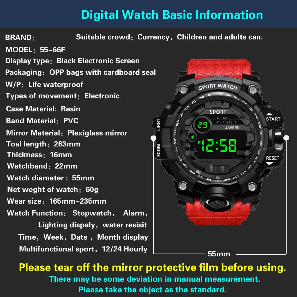 Men's Watch Fashion Sports Electronic Wristwatch Large dial Multifunctional Waterproof Luminous Alarm Kids Male's Military Watch