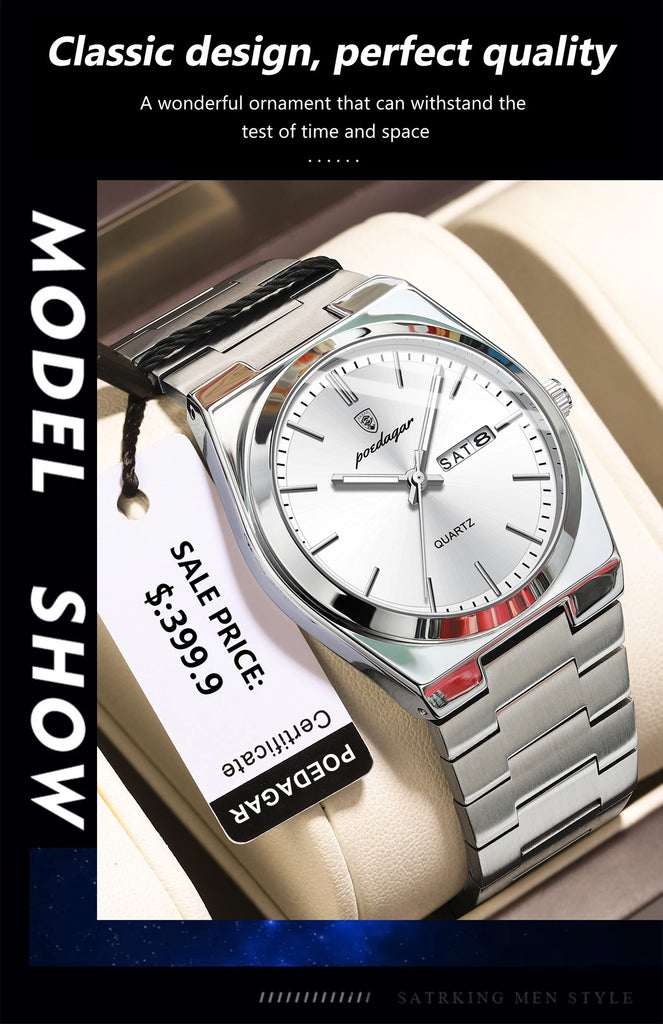 POEDAGAR Luxury Business Man Wristwatch Waterproof Luminous Stainless Steel Men Watch Date Week Fashion Quartz Men's Watches+Box