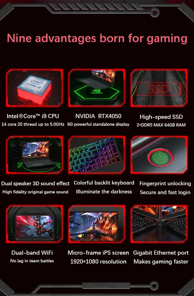 16.1-inch HD Ultra Slim Gaming Laptop, RTX 4050 6G, Intel Core I9/i5 CPU, Win11 Pro, Dual DDR5 & Dual M.2 Storage Expansion Thin