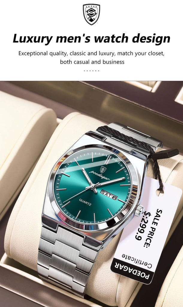POEDAGAR Luxury Sport Quartz Man Wristwatch Waterproof Luminous Date Week Men Watches Stainless Steel Men's Watch Male Reloj+box