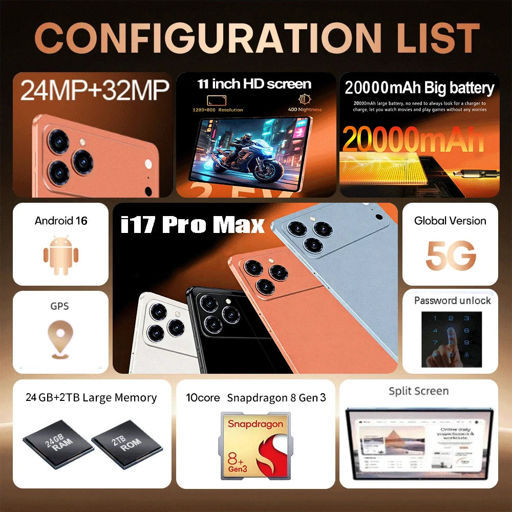 2026 Original NEW IPad 17 Pro Max 11 Inch Global Edition Tablet 24GB 2T Android16 Snapdrago 8gen3 5G Dual SIM Call WIFI Tablet