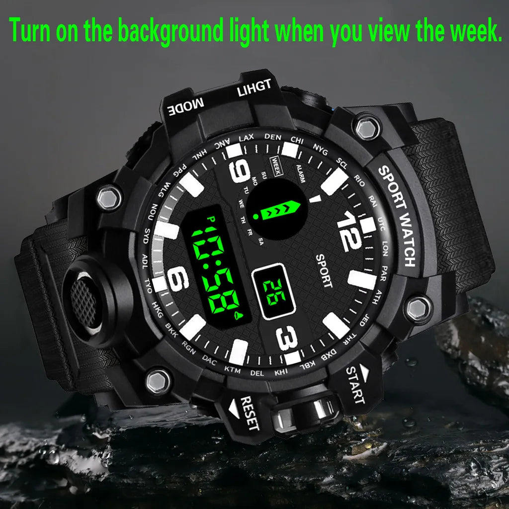Men's Watch Fashion Sports Electronic Wristwatch Large dial Multifunctional Waterproof Luminous Alarm Kids Male's Military Watch