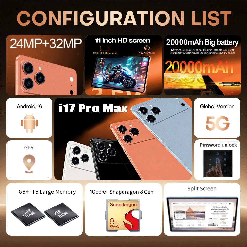 2026 Original NEW IPad 17 Pro Max 11 Inch Global Edition Tablet 24GB 2T Android16 Snapdrago 8gen3 5G Dual SIM Call WIFI Tablet