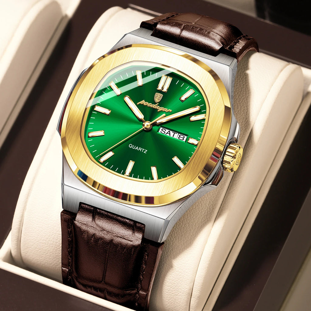 POEDAGAR High Quality Watch For Men Luxury Luminous Waterproof Week Calendar Man Clock Leather Square Men's Quartz Watches Reloj