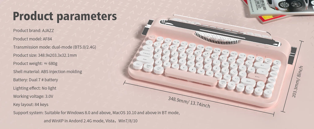 AJAZZ AF84 Multl-Device Keyboard Dual Mode 2.4G/Bluetooth5.0 With Card Slot Bracket Position Typewriter Office Membrane Keyboard