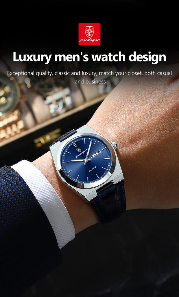 POEDAGAR Luxury Trend Men Watch Waterproof Luminous Date Week Man Wristwatch Military Outdoor Leather Men's Quartz Watches Reloj