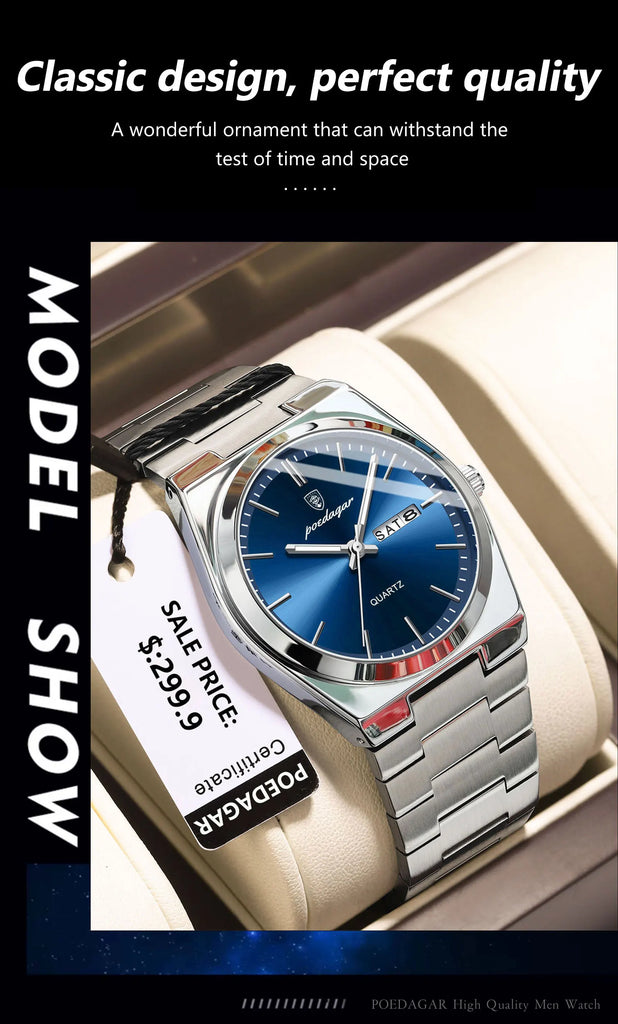 POEDAGAR High Quality Watches For Men Stainless Steel Waterproof Luminous Man Watch Date Week Luxury Business Quartz Men's Watch