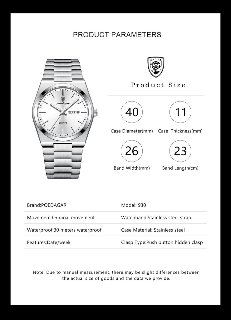POEDAGAR Luxury Business Man Wristwatch Waterproof Luminous Stainless Steel Men Watch Date Week Fashion Quartz Men's Watches+Box