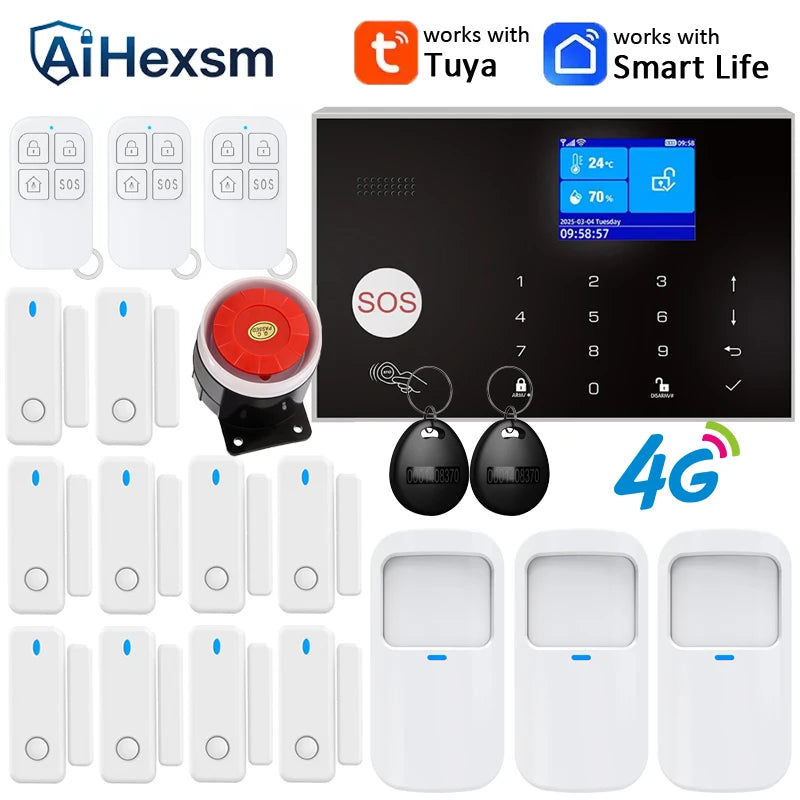 Home 4G GSM Alarm Security System 433MHz Wireless 2.4G WIFI Smart Alarm Kit Works with TUYA Smart Life APP Compatible with Alexa