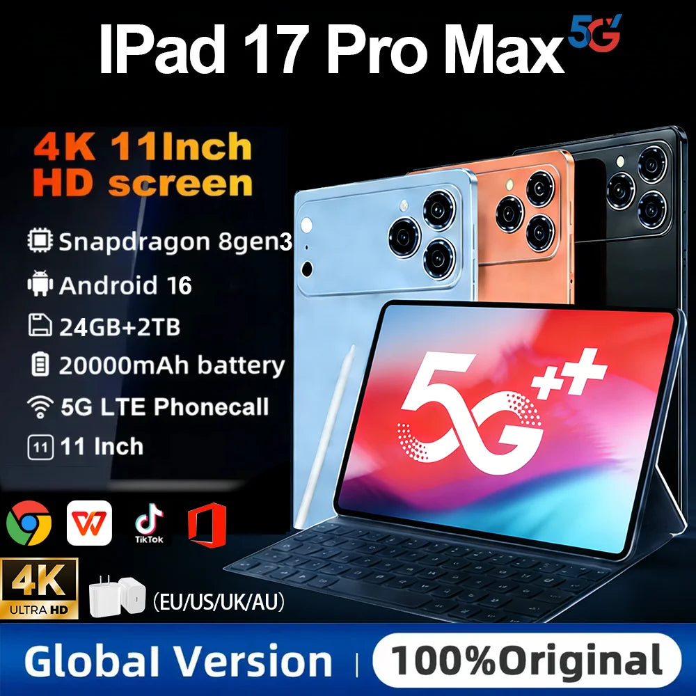 2026 Original IPad 17 Pro Max Tablet PC 11.1 Inch 24GB 2T Android16 Snapdrago 8gen3 5G Dual SIM Call WIFI 20000 BatteryTablet
