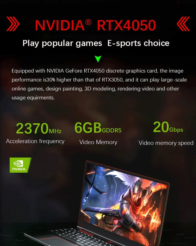 16.1-inch HD Ultra Slim Gaming Laptop, RTX 4050 6G, Intel Core I9/i5 CPU, Win11 Pro, Dual DDR5 & Dual M.2 Storage Expansion Thin