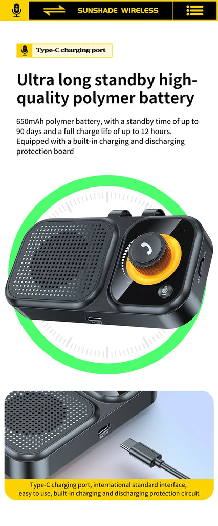Bluetooth 5.4 Speaker Handsfree Car Kit Sun Visor Clip Wireless Audio Receiver Speakerphone Loud Music Player with Ambient Light