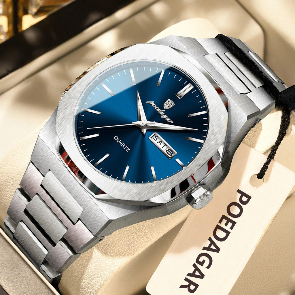 POEDAGAR Fashion Brand Male Wristwatch Waterproof Luminous Stainless Steel Men Clock Date Week Casual Quartz Men's Watches Reloj