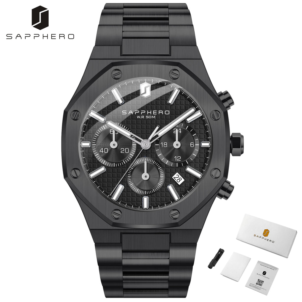 SAPPHERO Men's Watch Waterproof watch Chronograph function Date Glowing Hands Stainless Steel Watch Business  Watch For Men Gift