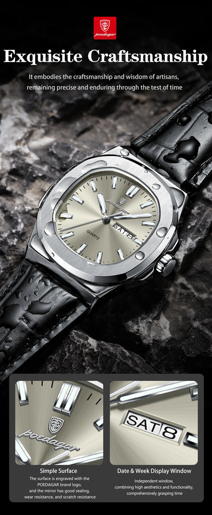 POEDAGAR High Quality Watch For Men Luxury Luminous Waterproof Week Calendar Man Clock Leather Square Men's Quartz Watches Reloj