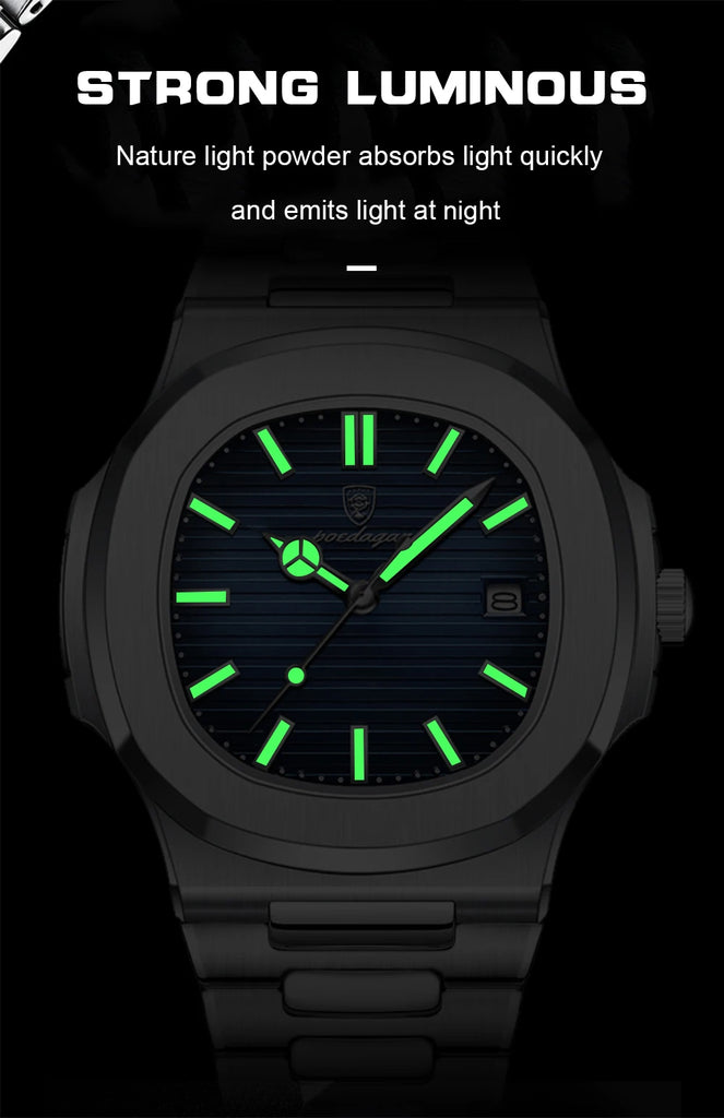 POEDAGAR Luxury Brand Men's Quartz Wristwatch Stainless Steel Waterproof Luminous Date Man Clock Square Business Watches For Men