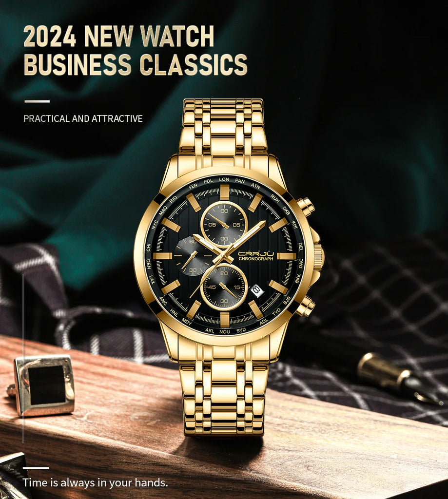 CRRJU Brand Creative Multifunction Male Wristwatch Date Display Stainless steel Men Quartz Watch Waterproof Sports Chronograph