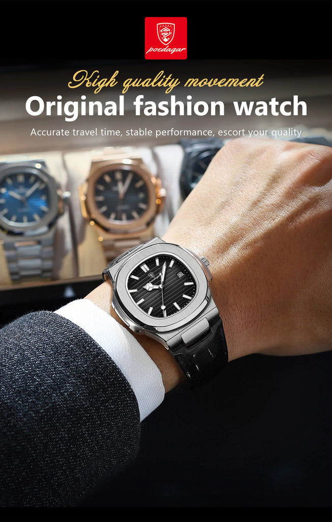 POEDAGAR Top Luxury Man Watch Date Waterproof Luminous Leather Watches For Men High Quality Square Men's Quartz Wristwatch Reloj