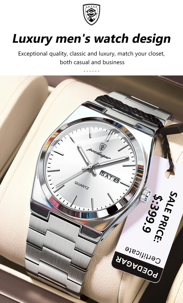 POEDAGAR Luxury Business Man Wristwatch Waterproof Luminous Stainless Steel Men Watch Date Week Fashion Quartz Men's Watches+Box