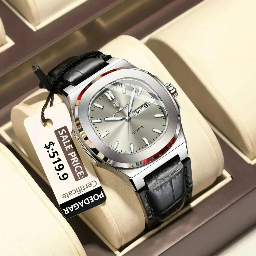 POEDAGAR High Quality Watch For Men Luxury Luminous Waterproof Week Calendar Man Clock Leather Square Men's Quartz Watches Reloj