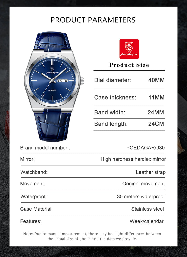 POEDAGAR Luxury Trend Men Watch Waterproof Luminous Date Week Man Wristwatch Military Outdoor Leather Men's Quartz Watches Reloj
