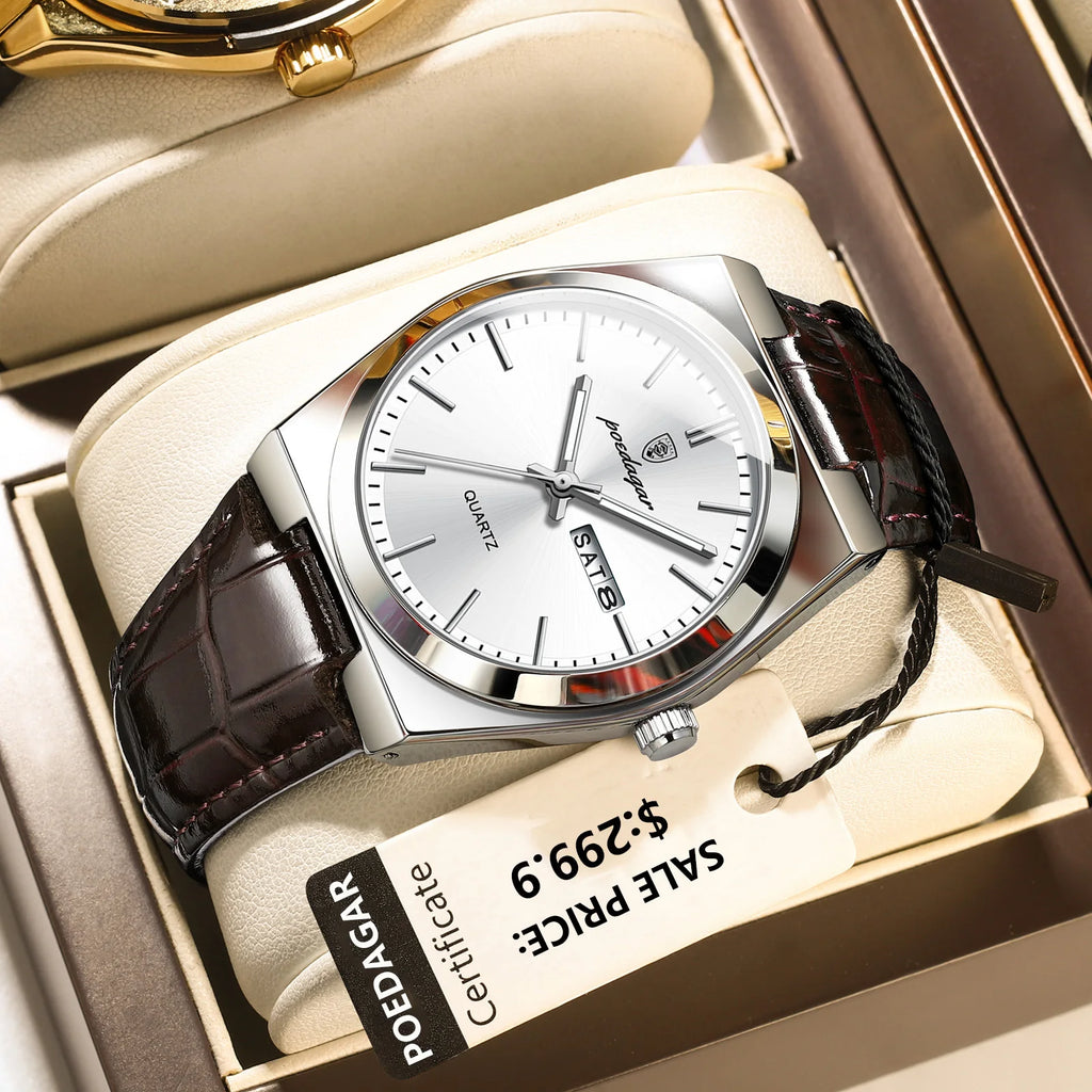 POEDAGAR Luxury Trend Men Watch Waterproof Luminous Date Week Man Wristwatch Military Outdoor Leather Men's Quartz Watches Reloj