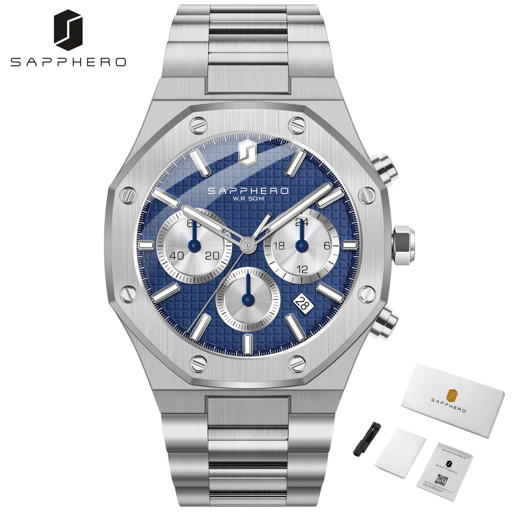 SAPPHERO Men's Watch Waterproof watch Chronograph function Date Glowing Hands Stainless Steel Watch Business  Watch For Men Gift
