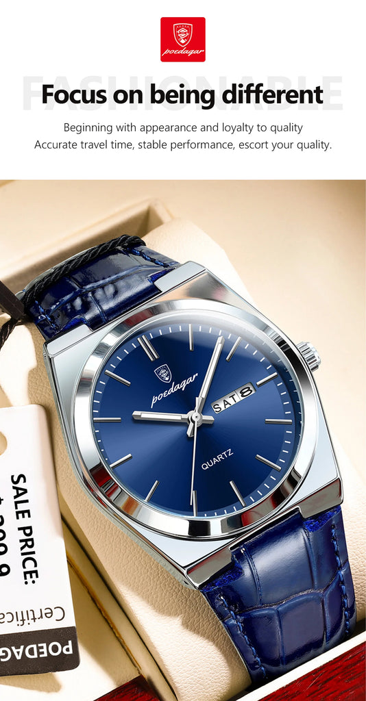 POEDAGAR Luxury Trend Men Watch Waterproof Luminous Date Week Man Wristwatch Military Outdoor Leather Men's Quartz Watches Reloj