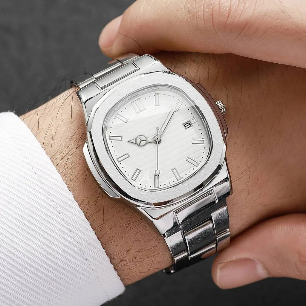 Luxury Men Business Watches Fashion Square Dial Stainless Steel Strap Quartz Watch with Calendar For Mens Clock（Without Box）