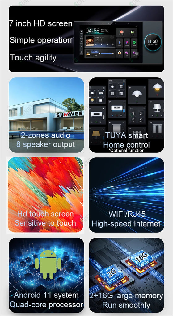 Smart Home Audio system WIFI sound in wall amplifier 8x25W power Built-in Zigbee gateway Android TUYA Device Scene control panel