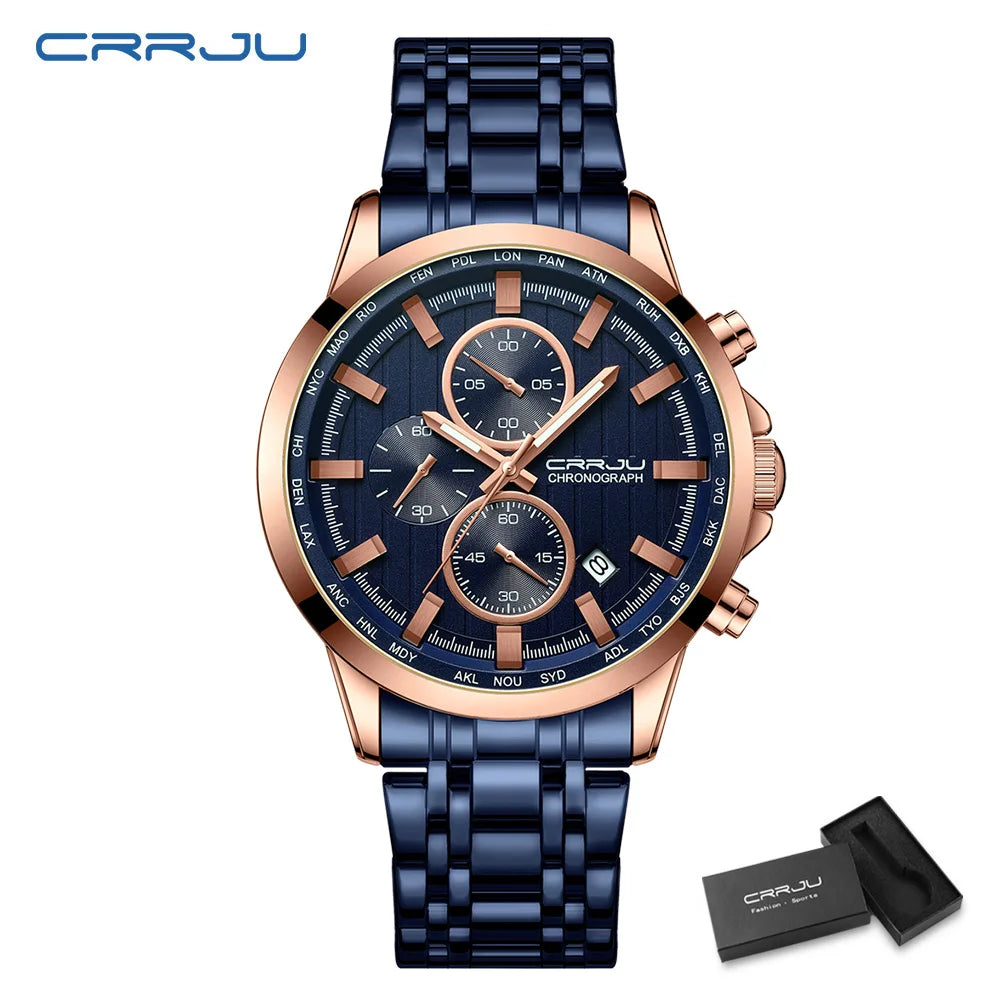 CRRJU Brand Creative Multifunction Male Wristwatch Date Display Stainless steel Men Quartz Watch Waterproof Sports Chronograph