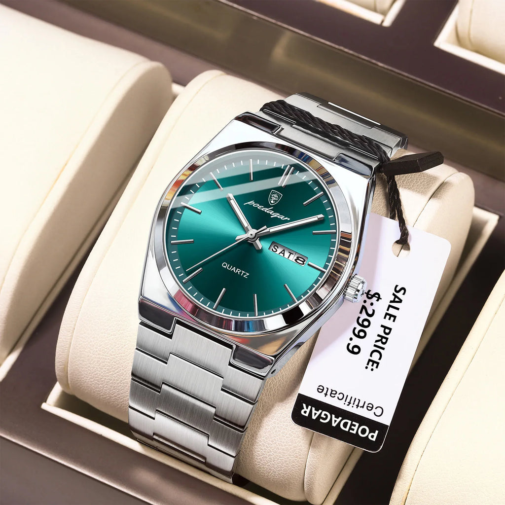 POEDAGAR Luxury Sport Quartz Man Wristwatch Waterproof Luminous Date Week Men Watches Stainless Steel Men's Watch Male Reloj+box