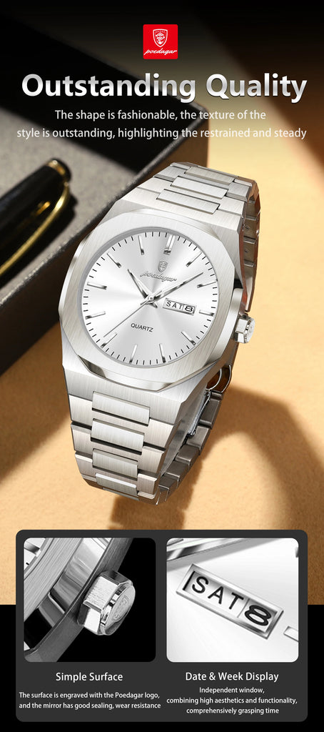 POEDAGAR Fashion Brand Male Wristwatch Waterproof Luminous Stainless Steel Men Clock Date Week Casual Quartz Men's Watches Reloj