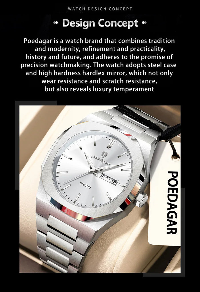 POEDAGAR Fashion Brand Male Wristwatch Waterproof Luminous Stainless Steel Men Clock Date Week Casual Quartz Men's Watches Reloj