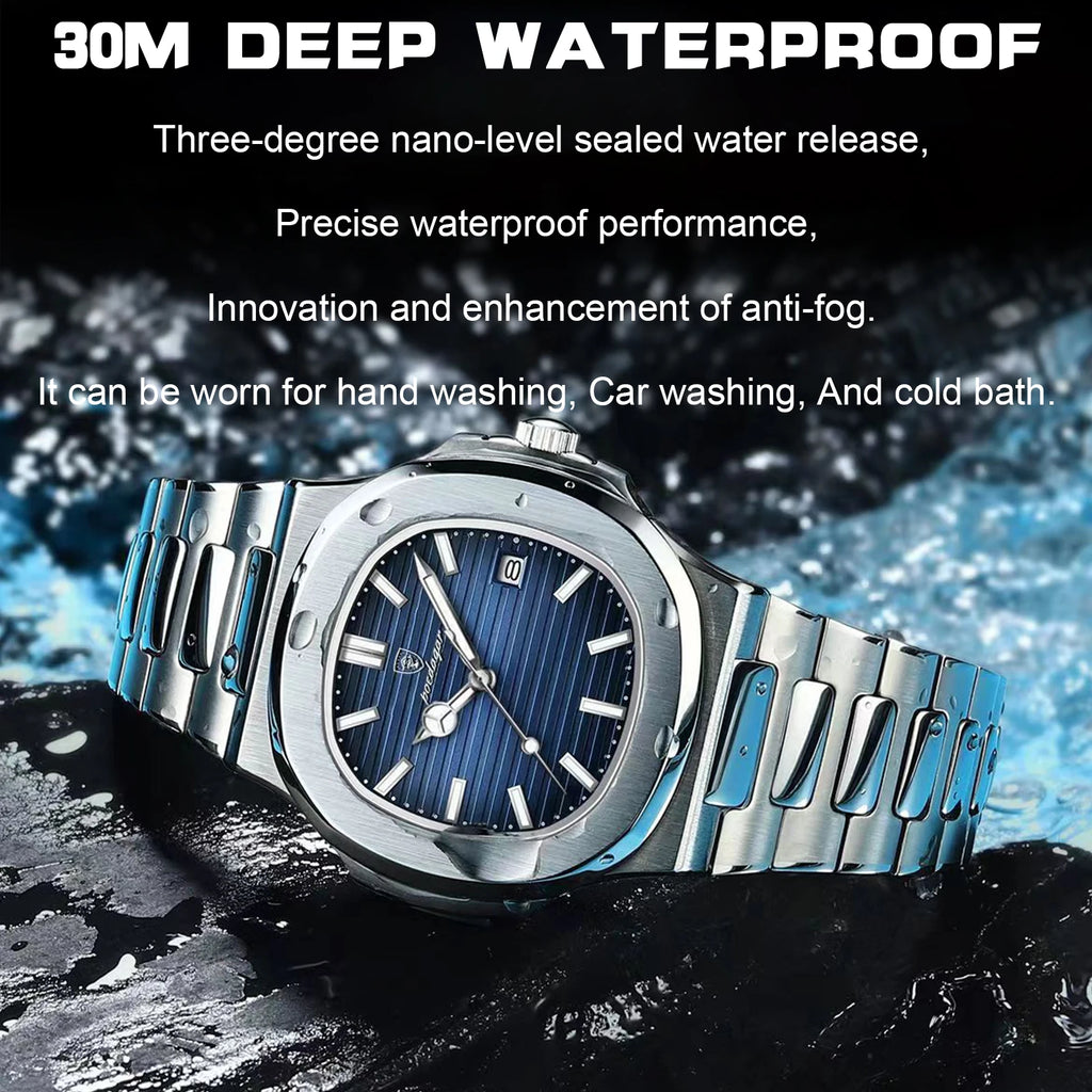 POEDAGAR Luxury Brand Men's Quartz Wristwatch Stainless Steel Waterproof Luminous Date Man Clock Square Business Watches For Men