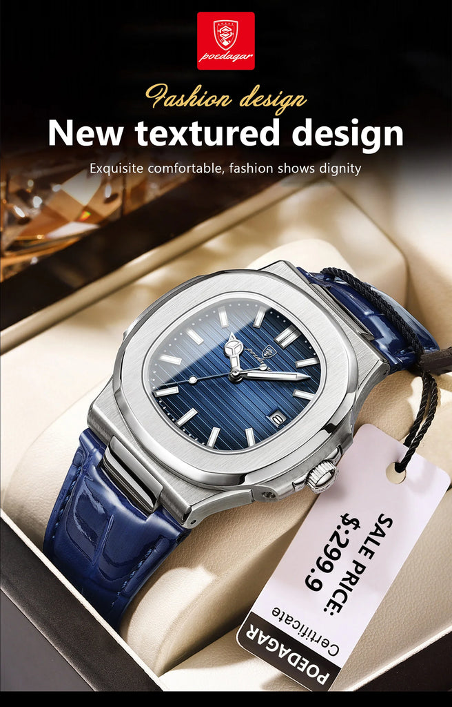 POEDAGAR Top Luxury Man Watch Date Waterproof Luminous Leather Watches For Men High Quality Square Men's Quartz Wristwatch Reloj