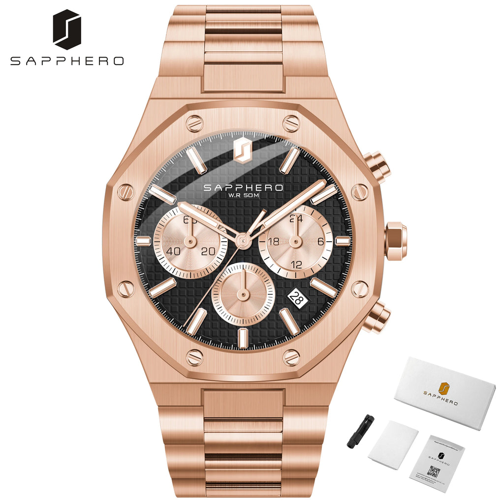 SAPPHERO Men's Watch Waterproof watch Chronograph function Date Glowing Hands Stainless Steel Watch Business  Watch For Men Gift