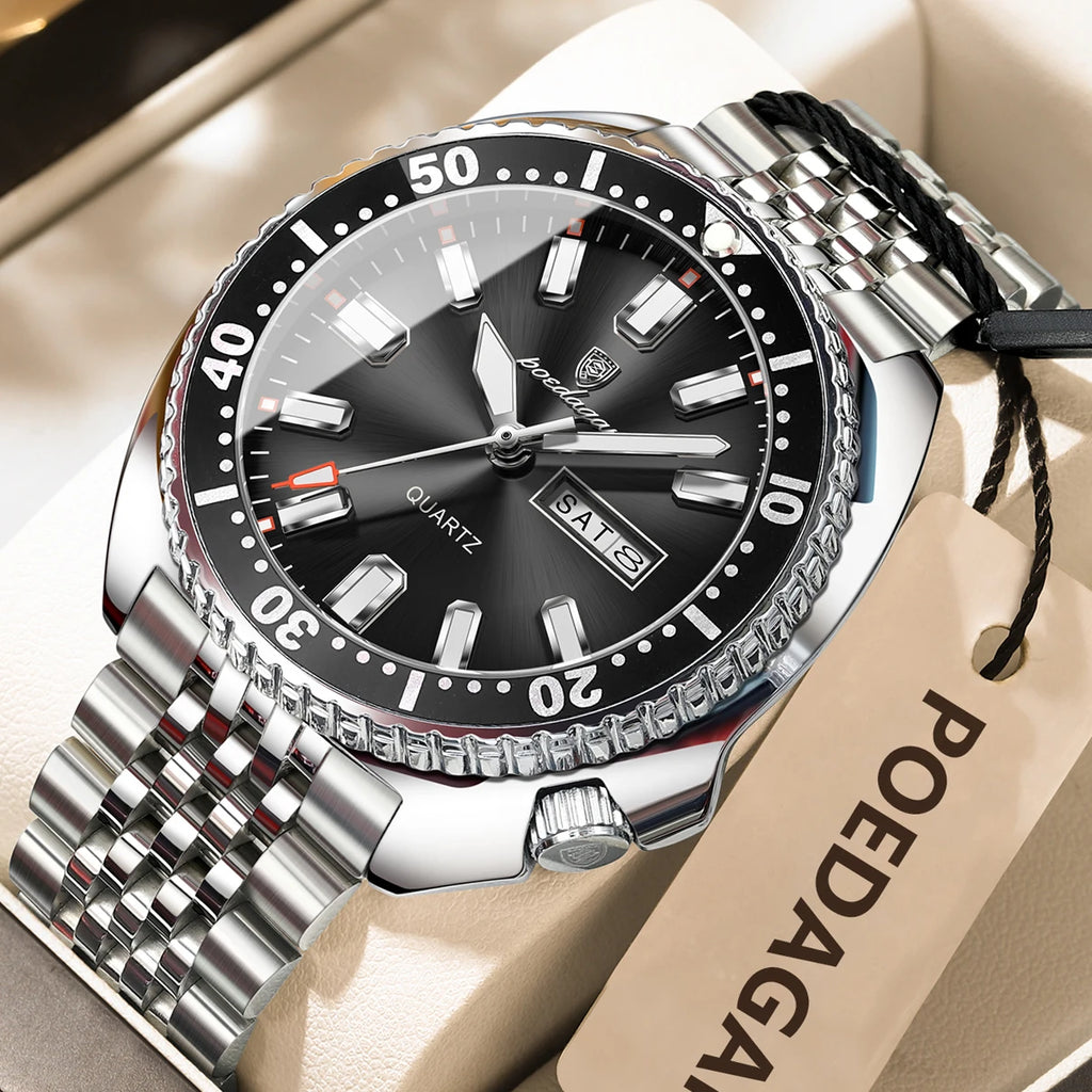 POEDAGAR Business Men Watch Date Week Waterproof Luminous Luxury Man Wristwatch Sports Stainless Steel Men's Quartz Watches Male