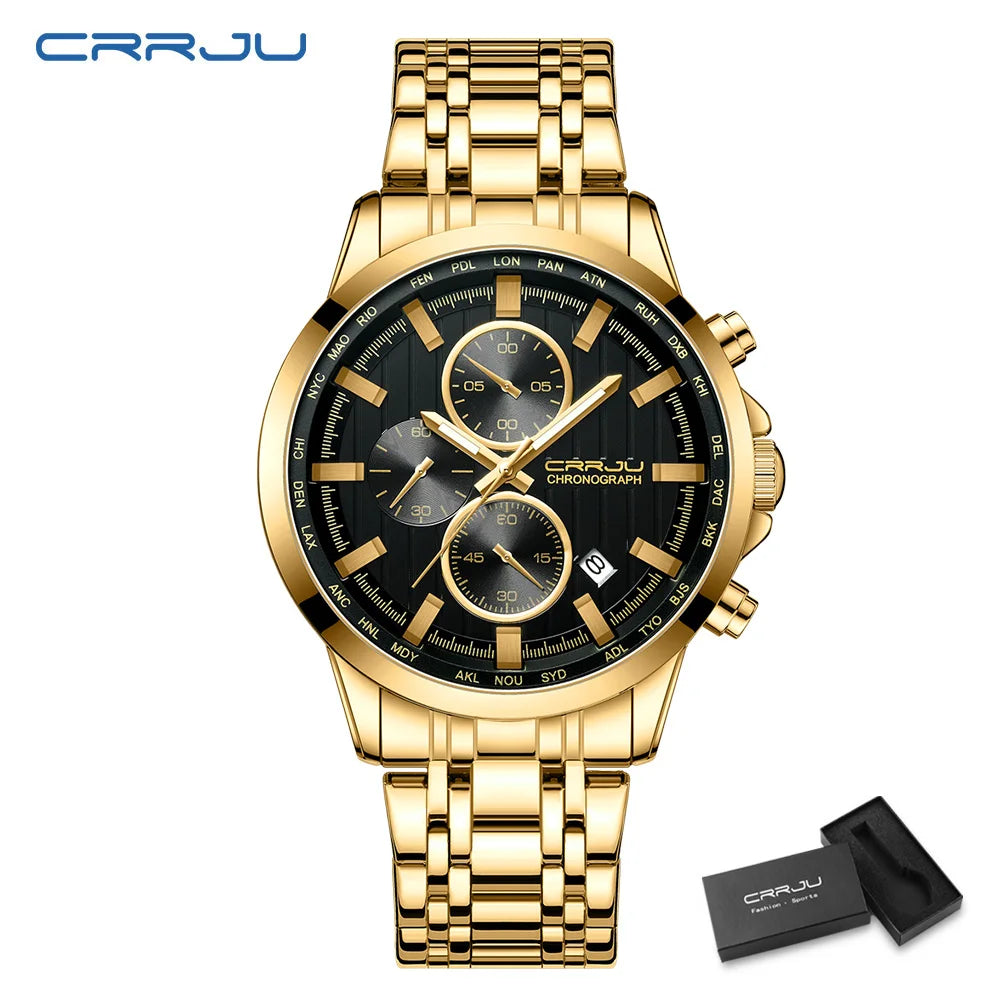 CRRJU Brand Creative Multifunction Male Wristwatch Date Display Stainless steel Men Quartz Watch Waterproof Sports Chronograph