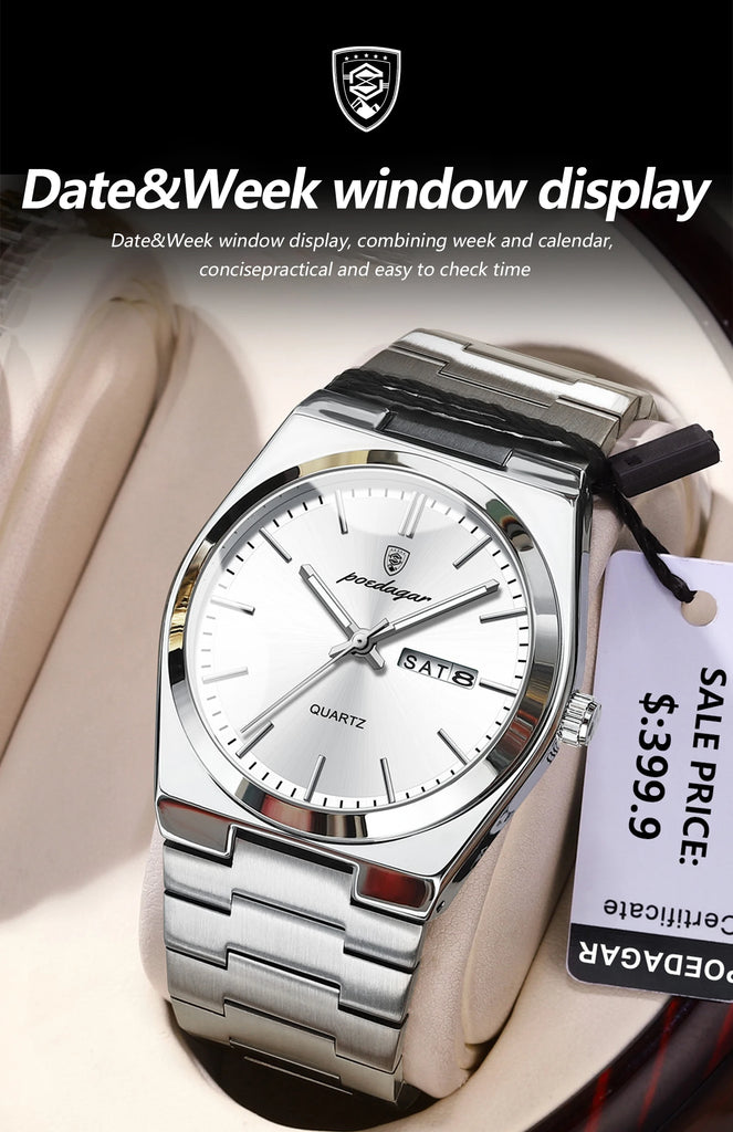 POEDAGAR Luxury Business Man Wristwatch Waterproof Luminous Stainless Steel Men Watch Date Week Fashion Quartz Men's Watches+Box