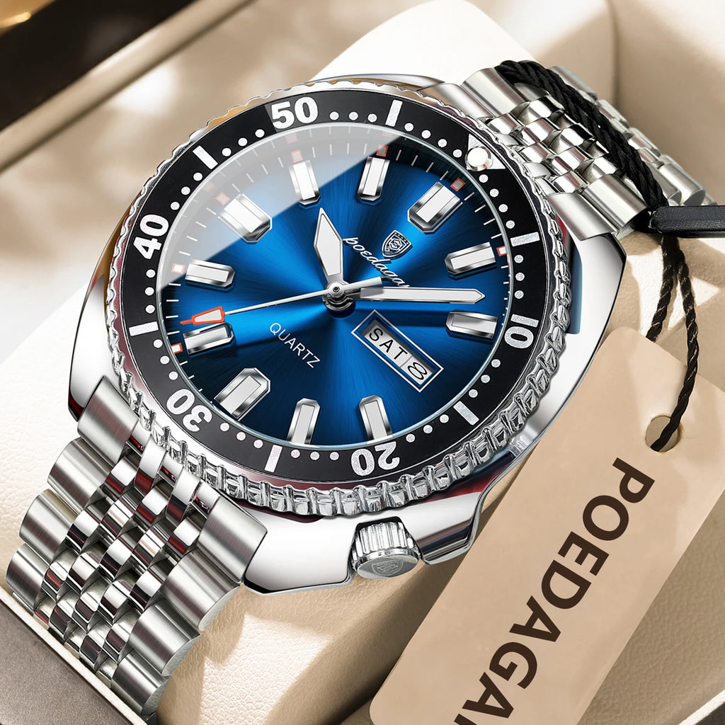 POEDAGAR Business Men Watch Date Week Waterproof Luminous Luxury Man Wristwatch Sports Stainless Steel Men's Quartz Watches Male